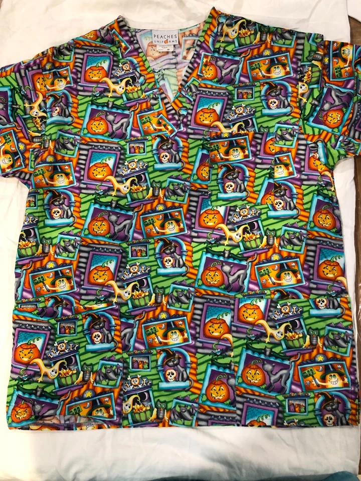 3 Women Size M Medical Scrubs - Tops - Halloween Theme - Ghosts, Pumpkins, Lama - Image 4 of 4