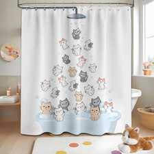 Cute Cat Shower Curtain Kids Animal Cartoon Bathroom Decor, Waterproof Cloth Fab
