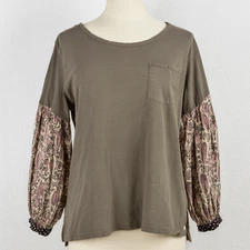 Free People We the Free Top Medium Olive Green Jade Floral Sleeve Distressed