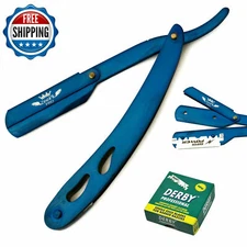 BEARD CUT THROAT TITANIUM BLUE BARBER STRAIGHT RAZOR NAVAJA + 100 SHAVING BLADES