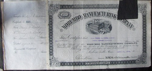 Stock certificate WORUMBO MANUFACTURING COMPANY, Lisbon Falls, Maine 1917 - Picture 17 of 24