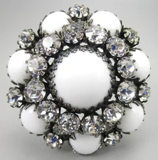 LOVELY SCHREINER OF NEW YORK LAYERED WHITE CABOCHON RHINESTONE BROOCH PIN