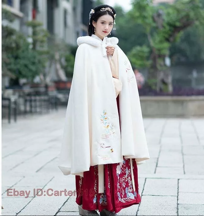Womens Hanfu Cloak Chinese Style Hooded Lined Thicken Winter Cape Coat Jackets