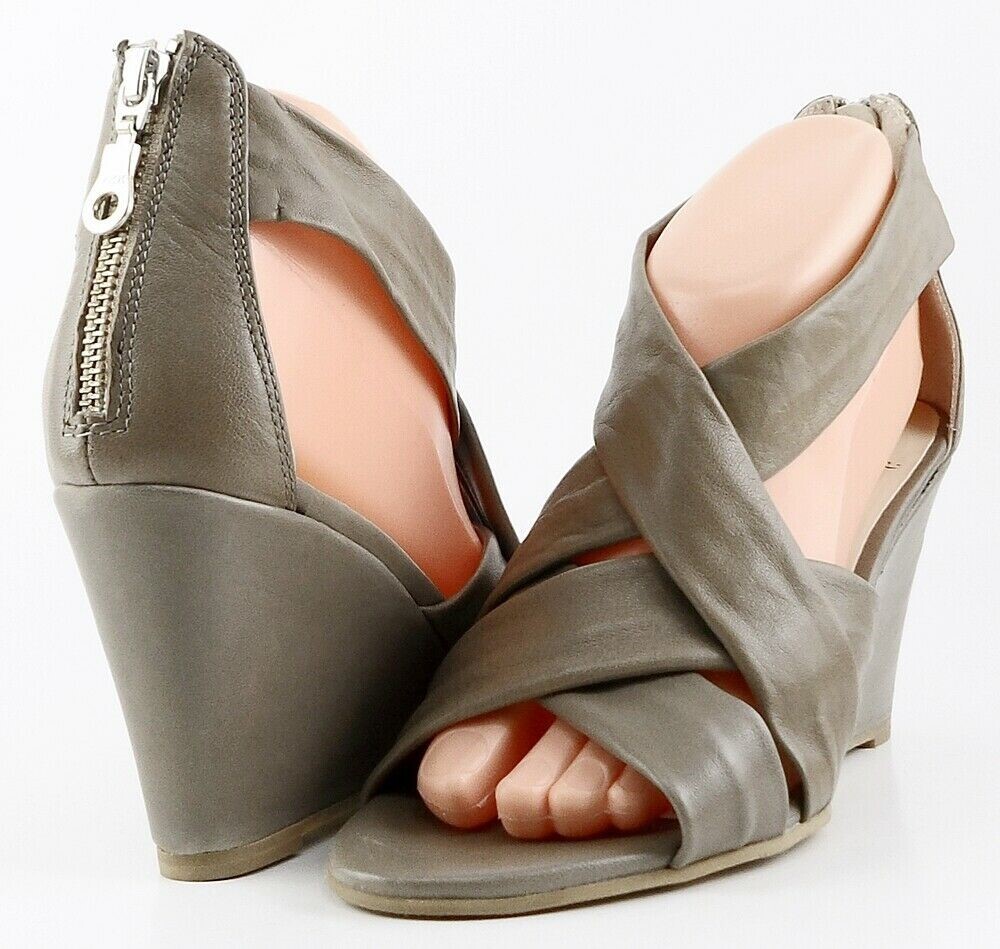 $160 AQUA Taupe Leather Designer Shoes Strappy Pumps Wedges