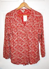 Lucky Brand Womens Red Slit Neck Hi-Low Printed Pullover Top Shirt M NWT