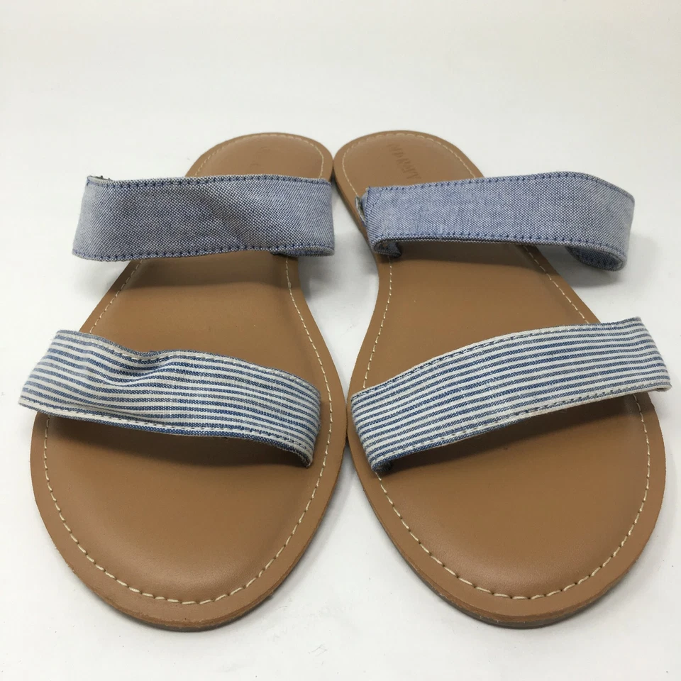 Sandalias antiguas azul marino para mujer 10 correas dobles sin cordones planas deslizables tela azul punta abierta Foto 4 de 4