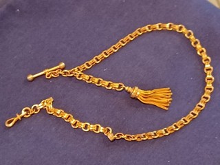 ANTIQUE ELEGANT GOLD FILLED SCHWEICH VEST POCKET WATCH CHAIN AND FOB / CHARM 14"