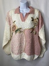 Vintage Women  s Collared Chunky Knit Sweater Size Large Cottage Core Flowers Fun