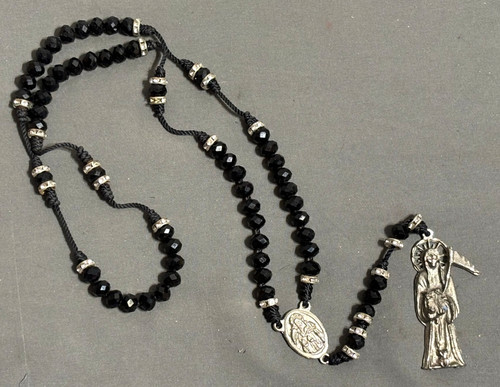 Santa Muerte Black Bead Silver tone Rosary HOLY DEATH Grim Reaper