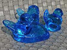 2 Leo Ward Art Glass Blue Birds Of Happiness Paperweights Figurines 1990 1991