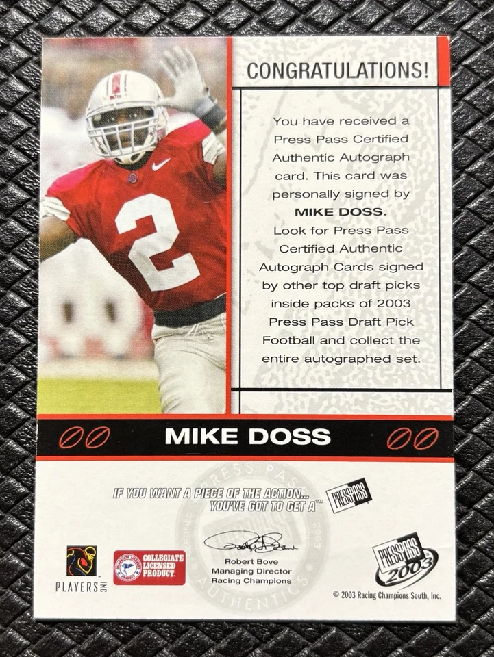 MIKE DOSS 2003 Press Pass GOLD Rookie Auto SP /100 Colts Ohio St Buckeyes RARE - Image 2 of 2
