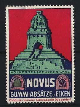 Reklamemarke Leipzig, Novus Gummi-Absätze u. Ecken, Völkerschlachtdenkmal 
