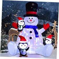  7Ft Lighted Christmas Inflatable Snowman with Three Cute Penguins, Rotating 7 