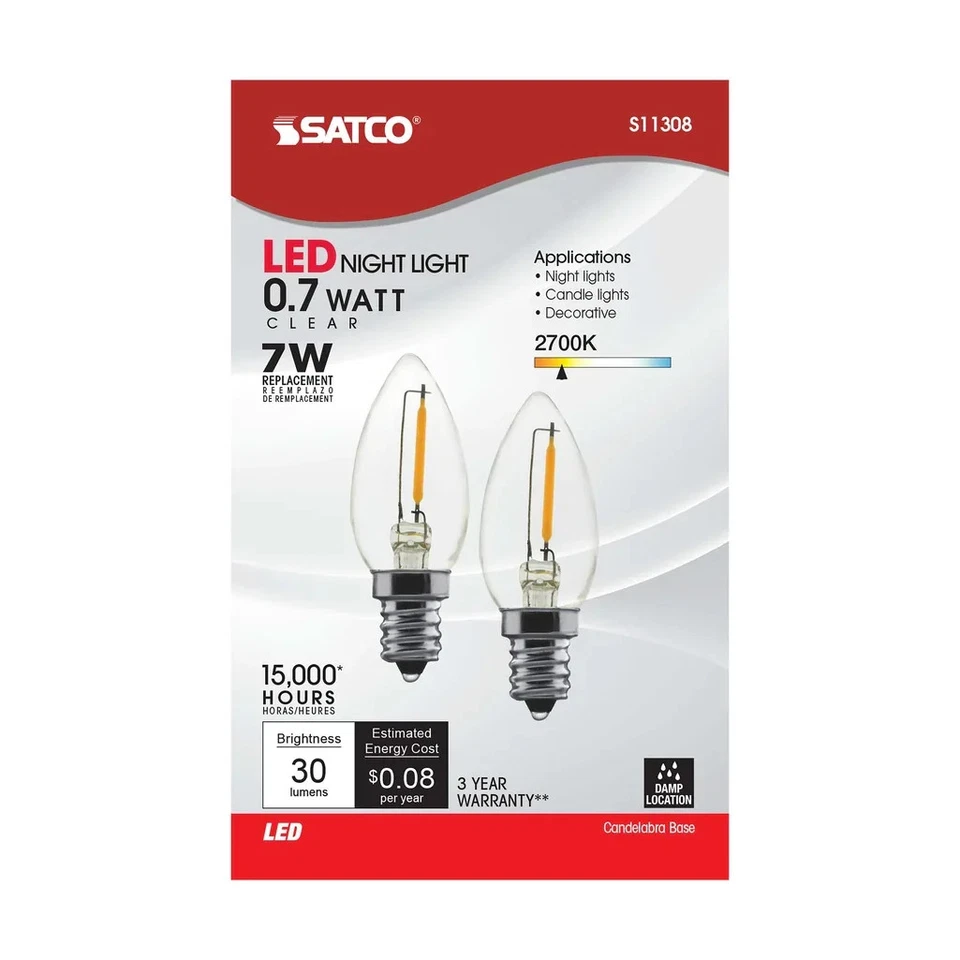 0.7 Watt LED - C7 - Clear - 2700K - Candelabra base - 120 Volt - Carded 2 Pack - - Image 4 of 4