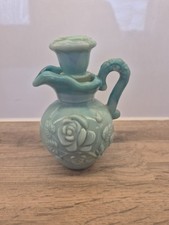 Vintage Avon Skin So Soft Jade Green Bath Oil Pitcher With Stopper 5.5"