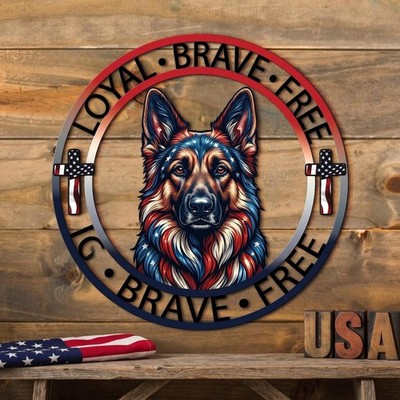 German Shepherd Metal Sign, Patriotic American Flag Dog Wall Art, Loyal Brave