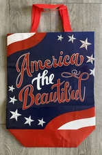 New Red White & Blue “America The Beautiful” Reusable Tote Bag 15” X 13-3/4”