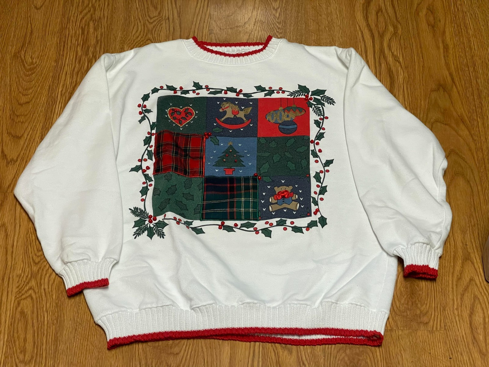 Vintage 80s Christmas Sweatshirt Holiday Ugly Sweater Patchwork Ornaments Teddy