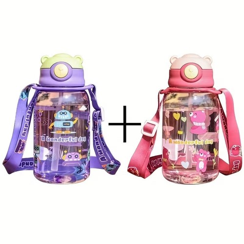 2 Pack Kids Water Bottle Leakproof Straw 600ml School Travel Cup with Strap