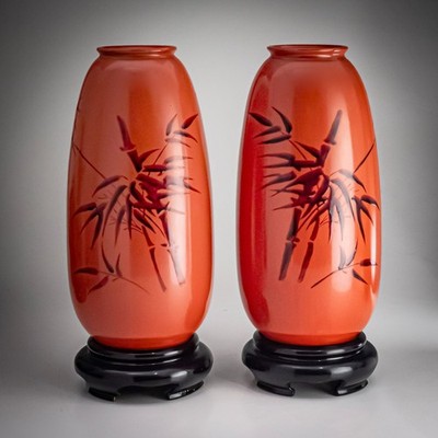 Paar Fliegende Pferde Rot Lack Bambus Vasen Chinesisch Export Deko 20. Jh. Vase.