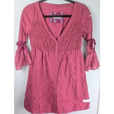 Odd Molly Smocked Embroidered Button-Front Tunic Blouse S 100% Cotton NWOT Pink