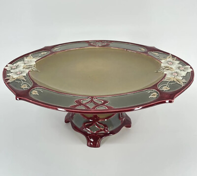 Antique Eichwald B Bloch & Co Majolica Pedestal Plate Art Nouveau Floral