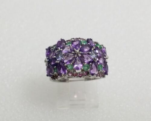 925 Sterling Silver Amethyst Emerald Tanzanite Flower Ring Size 7.5