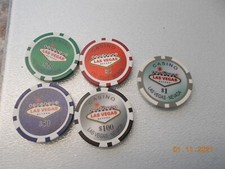 Lot of 5 Las Vegas Casino Chips, no Casino names, 4 Royal Flushes, 4 Aces