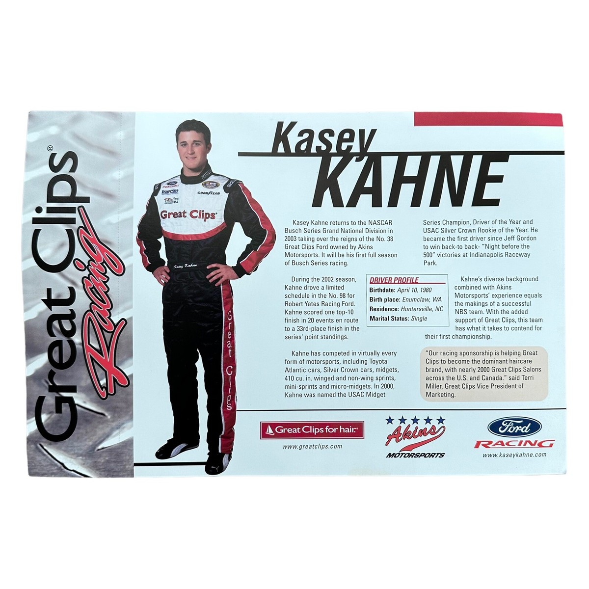 KASEY KAHNE Signed Great Clips NASCAR Driver Info Photo Card Ford