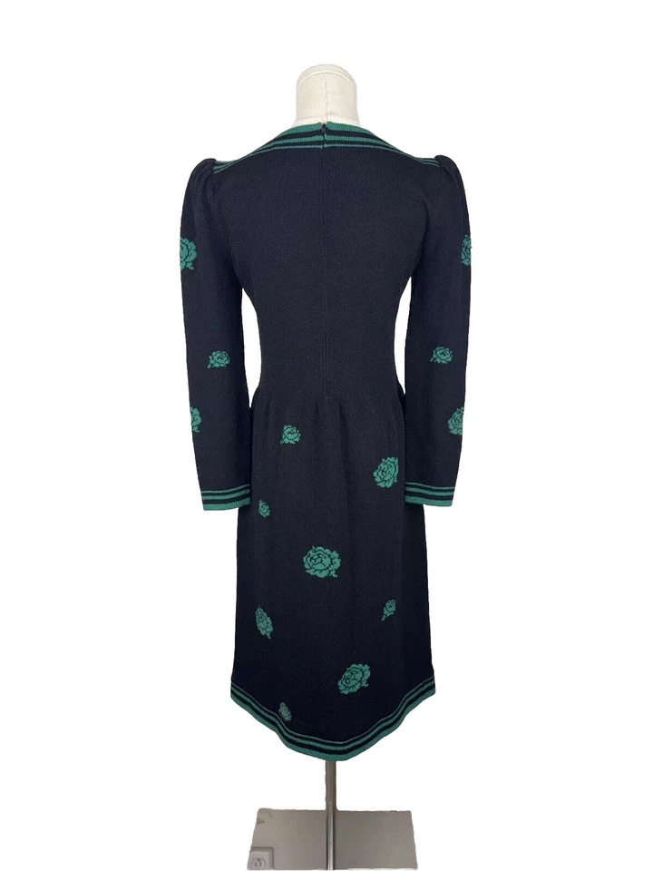 Vestido Floral Tejido Negro Verde Vintage ADOLFO at Saks Fifth Ave Mezcla Lana Foto 3 de 4