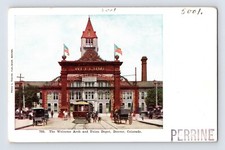 Postcard Colorado Denver CO Union Railroad Train Station Depot Arch 1910s