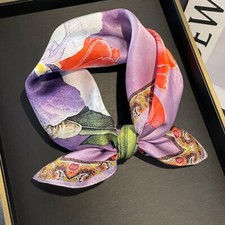 100 Mulberry Silk 20" Small Square Scarf Women Neckerchief Wrap Purple Flowers