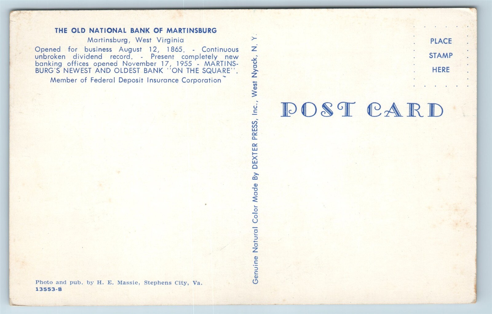 Postcard WV Martinsburg Old National Bank of Martinsburg c1950s Old