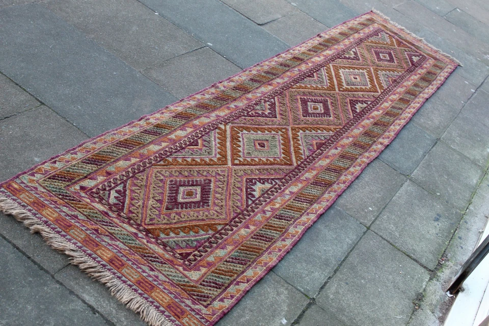Vintage Hand Made Afghan Oriental Purple Green Wool Long Narrow Runner 369x79cm - Image 2 of 4