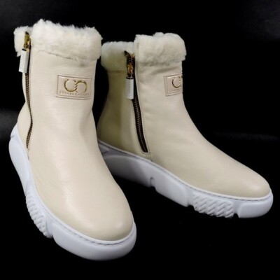CASADEI   WOMEN'S CREAM SOFT LEATHER WINTER MONTONE FUR COMFORT BOOTIE