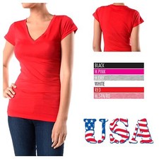 Womens Junior Basic Plain V-Neck Short Sleeve T-Shirt Solid Tops Tee S, M, L