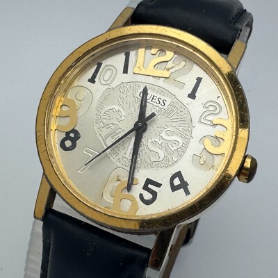VTG Guess Quartz Watch Unisex Gold Tone Textured Dial Leather Analog New Battery