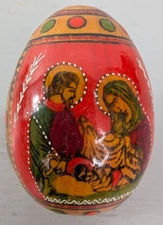 Hand-Painted Red Wooden Egg Nativity St Nicholas Religious Icon Art Collectible