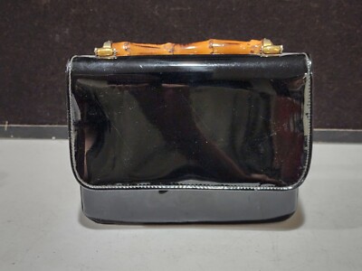Vintage  Empress Handbag Purse Faux Bamboo Handle Black Patent Made In USA