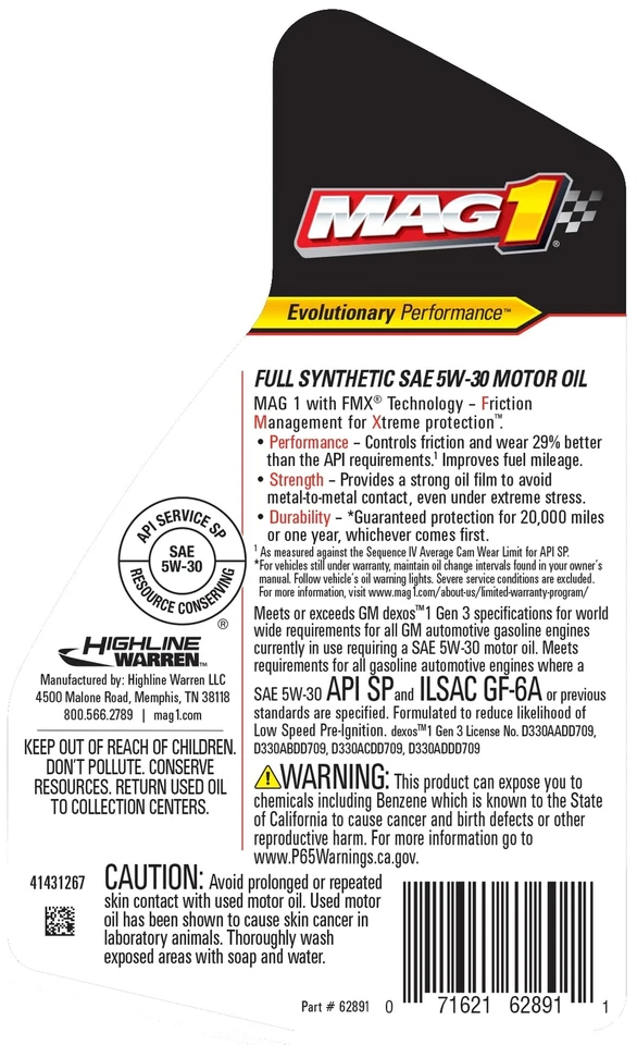 62891 Full Synthetic SAE 5W-30 Motor Oil - 1 Quart Foto 3 de 3