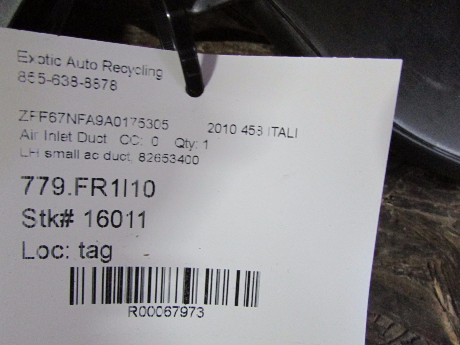 Ferrari 458 Italia, LH, Left Small Air Conditioning Duct, Used, P/N 82653400