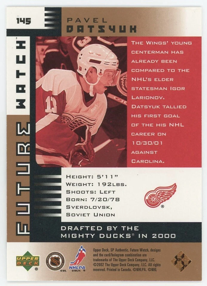 2001-02 UD SP Authentic Pavel Datsyuk Limited Future Watch /150 Rookie #145 - Image 2 of 2