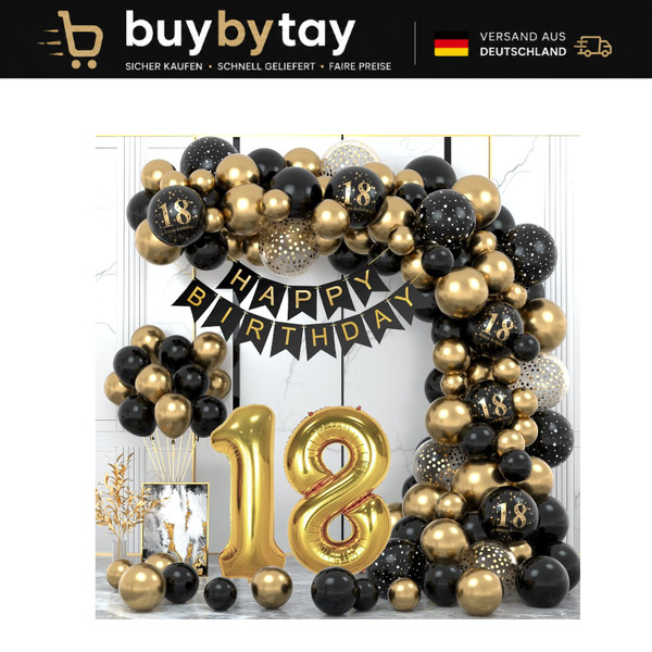 18. Geburtstag Dekoration Schwarz Gold Happy Birthday Banner Luftballons Party-image