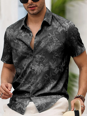 Men'S Tropical Palm Leaf Print Short Sleeve Button-Up Shirt Casual Summer Style,