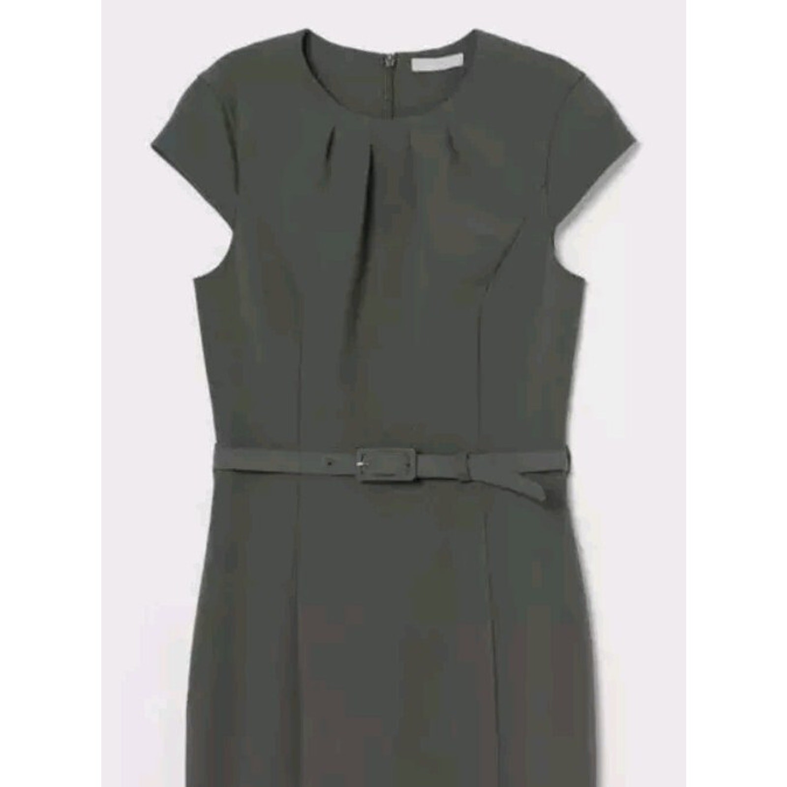 NWT H&M Pencil Dress W/Belt Cap Sleeve Stretch Zip Back Size Large Olive Green thumbnail 2