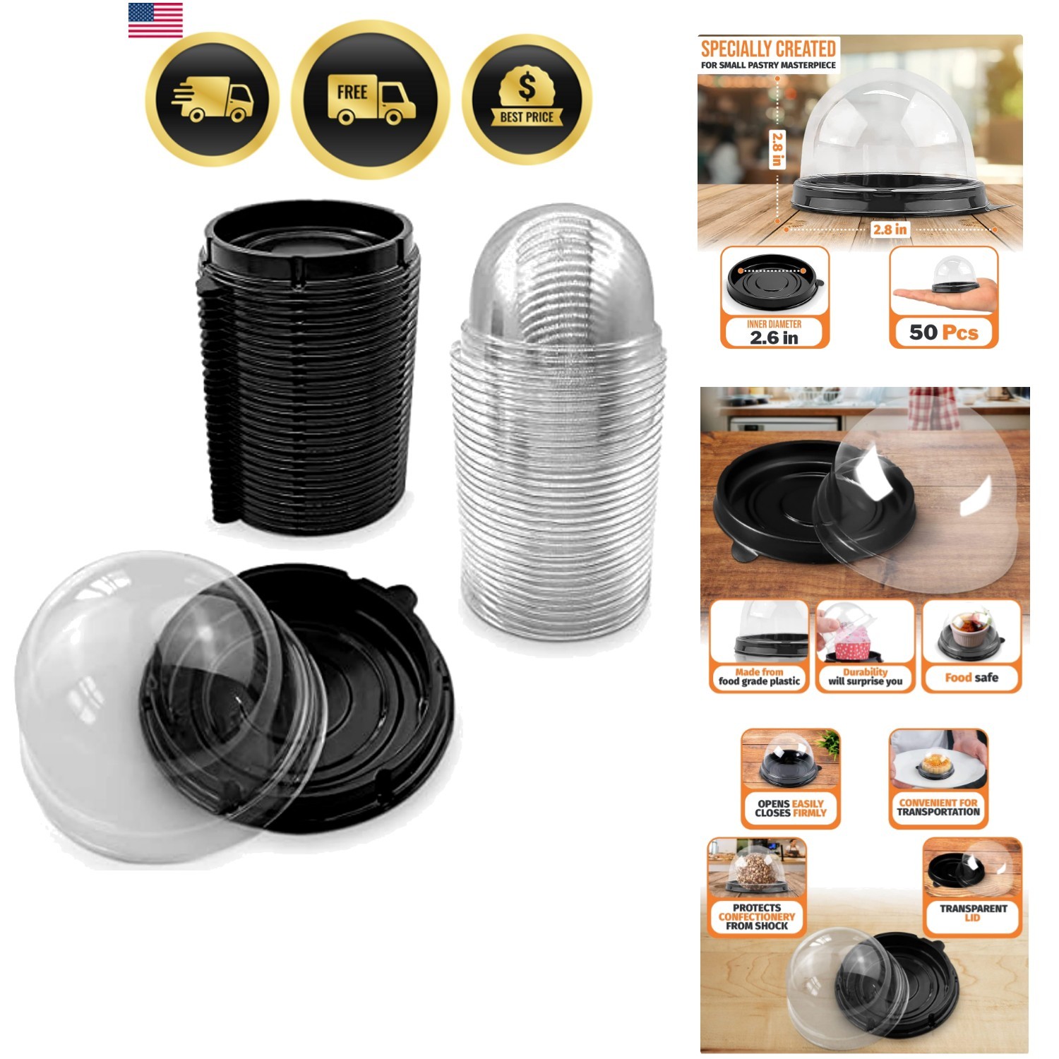 Mini Contenedores para Cupcakes Pack de 50, Cúpulas de Postre con Tapas Transparentes