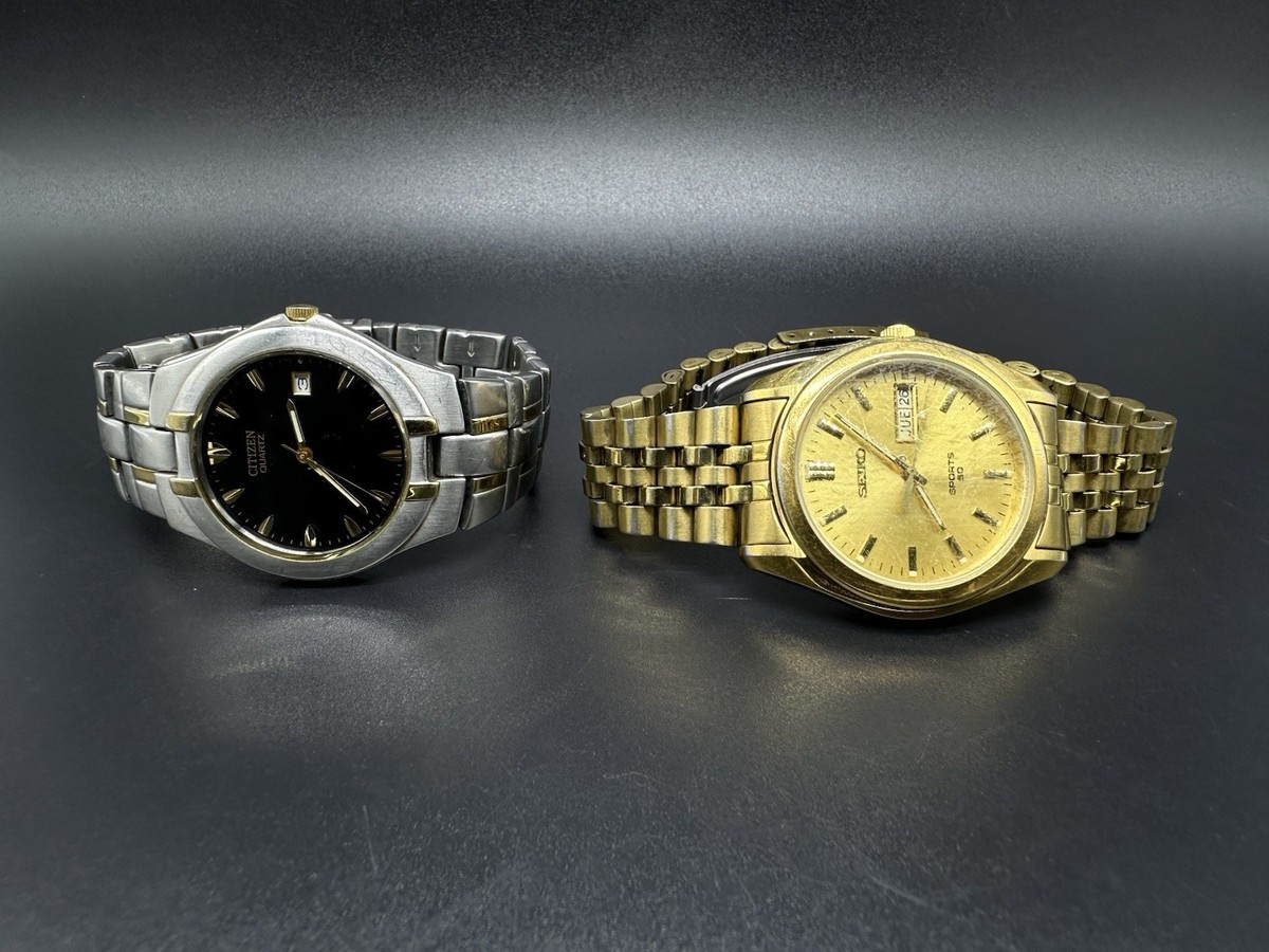 Seiko Sports 50 Gold Tone Dial Day Date 7N43-8849 & Citizen 2510