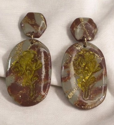 Handcrafted Polymer Clay Resin Gold Dangle Stud Earrings Brown Sage