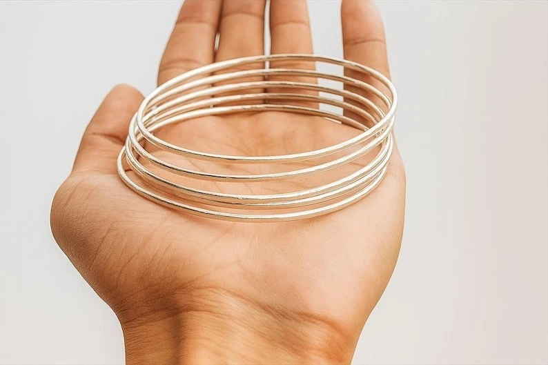 Set of 7 Sterling Silver Bangles | 925 Solid Silver Stacking Bracelets Bangle - Image 2 of 4