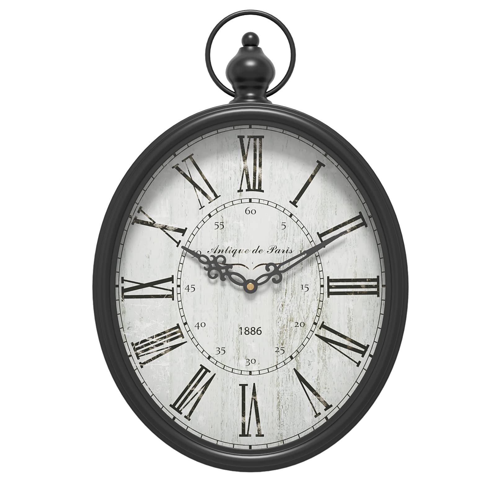 Menterry Large Oval Retro Wall Clock, Rustic Vintage Style, Large, Black